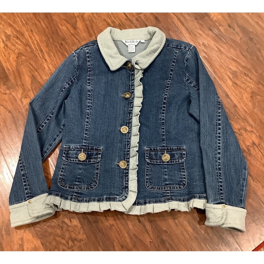 North Style Vintage Plaid Flannel Lined Denim Jacket Womens Blue 90's L